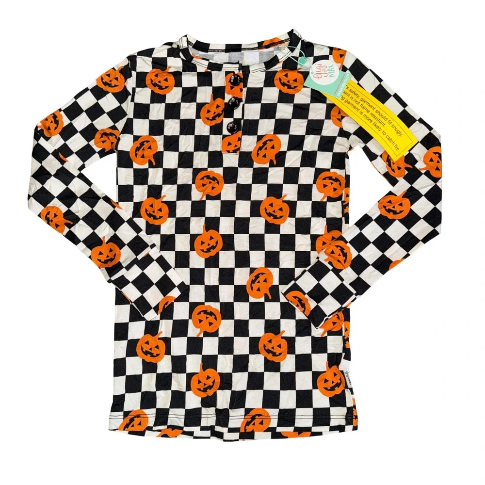 Gigi and Max Bamboo Pajamas Set Halloween‎ Jack O Lantern Checkered 6/7Y NEW
